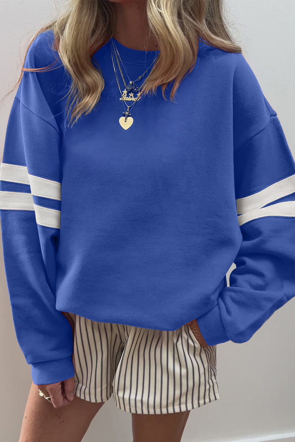 Evergreen Preppy Striped Sleeve Loose Sweatshirt