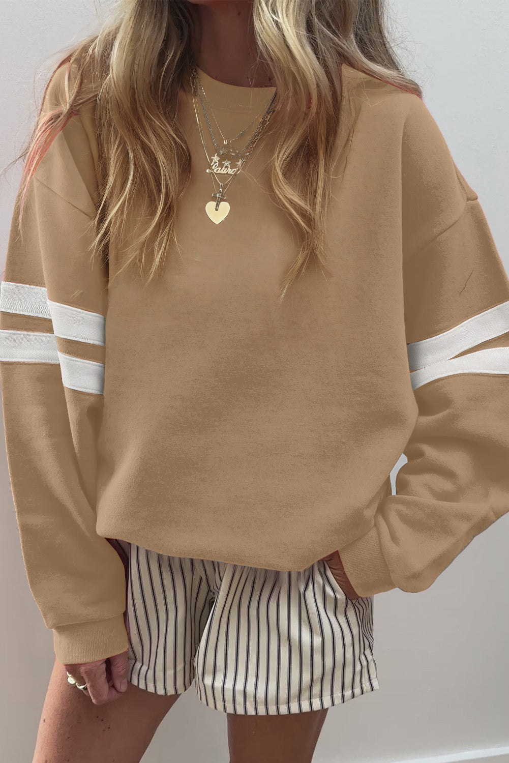 Evergreen Preppy Striped Sleeve Loose Sweatshirt