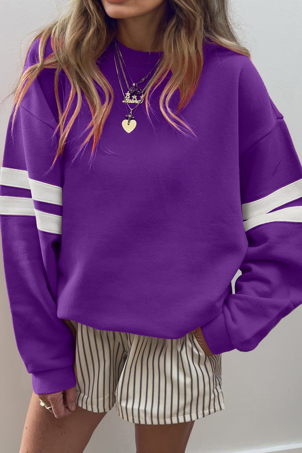 Evergreen Preppy Striped Sleeve Loose Sweatshirt