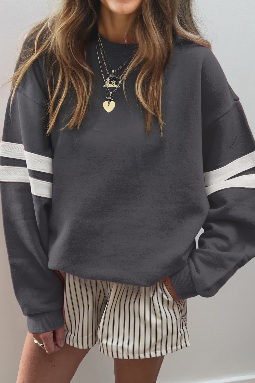 Evergreen Preppy Striped Sleeve Loose Sweatshirt