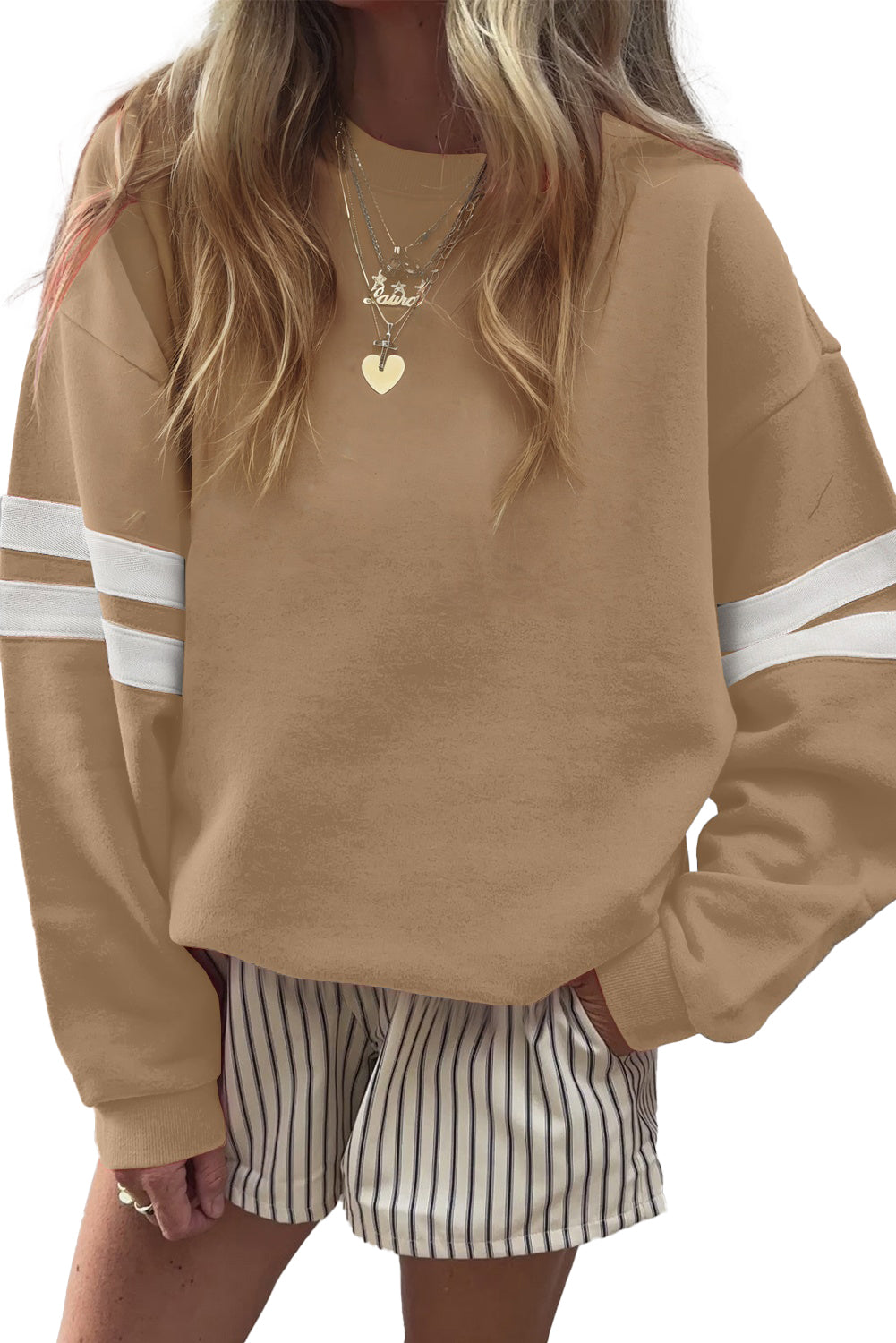 Evergreen Preppy Striped Sleeve Loose Sweatshirt