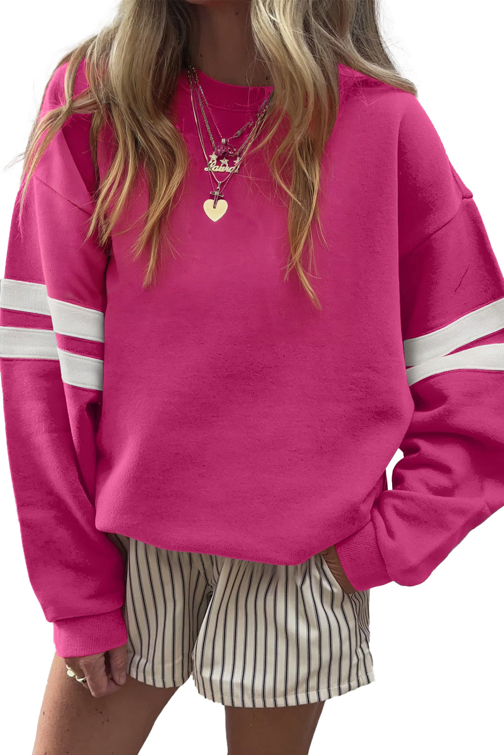 Evergreen Preppy Striped Sleeve Loose Sweatshirt