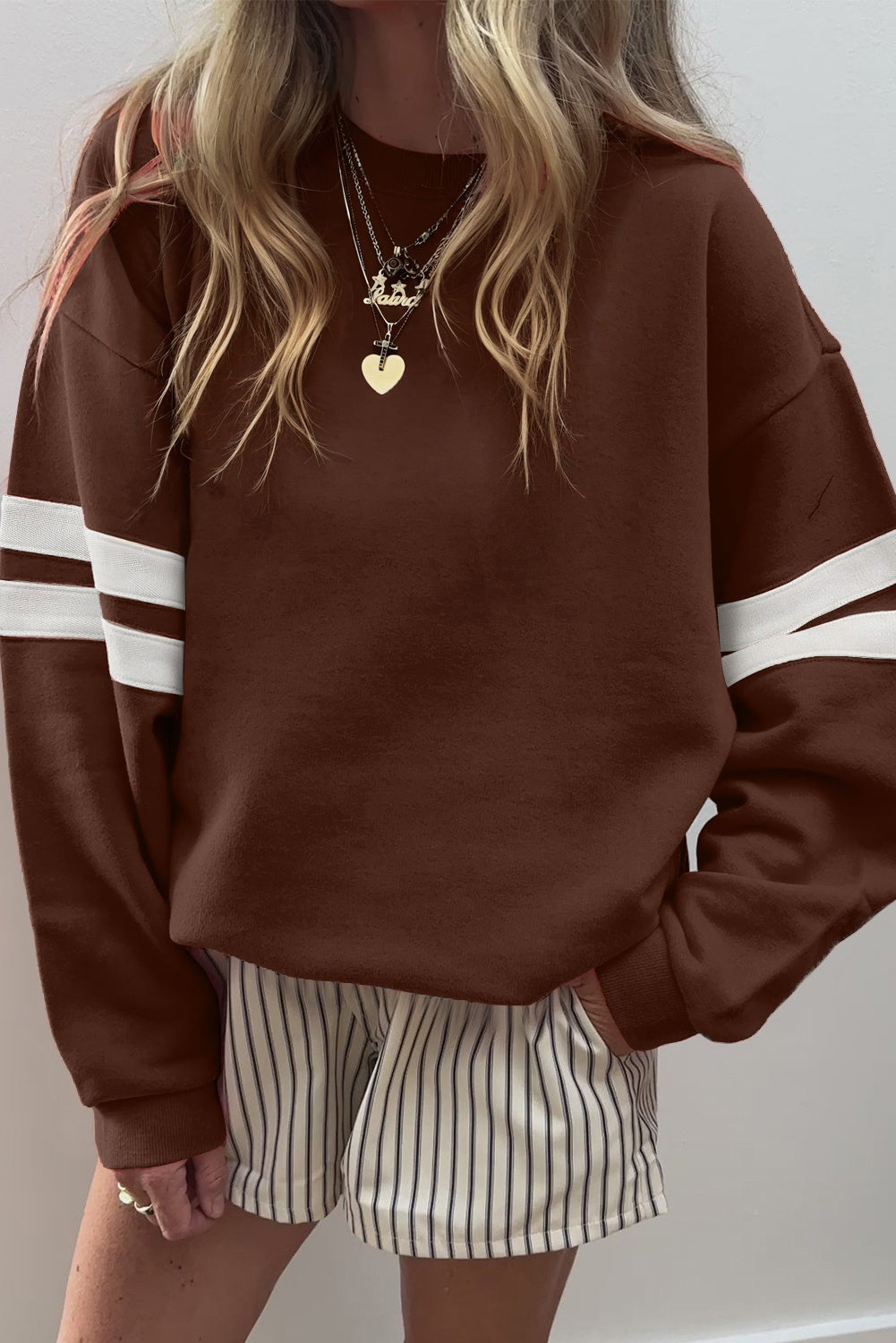 Evergreen Preppy Striped Sleeve Loose Sweatshirt