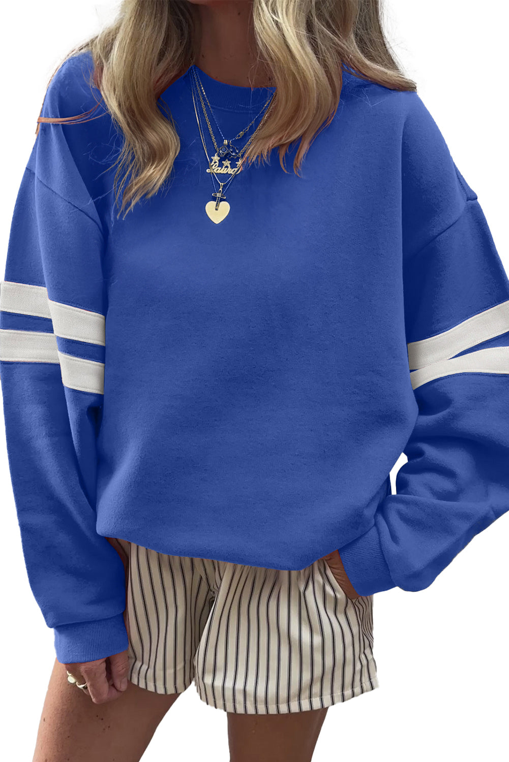 Evergreen Preppy Striped Sleeve Loose Sweatshirt