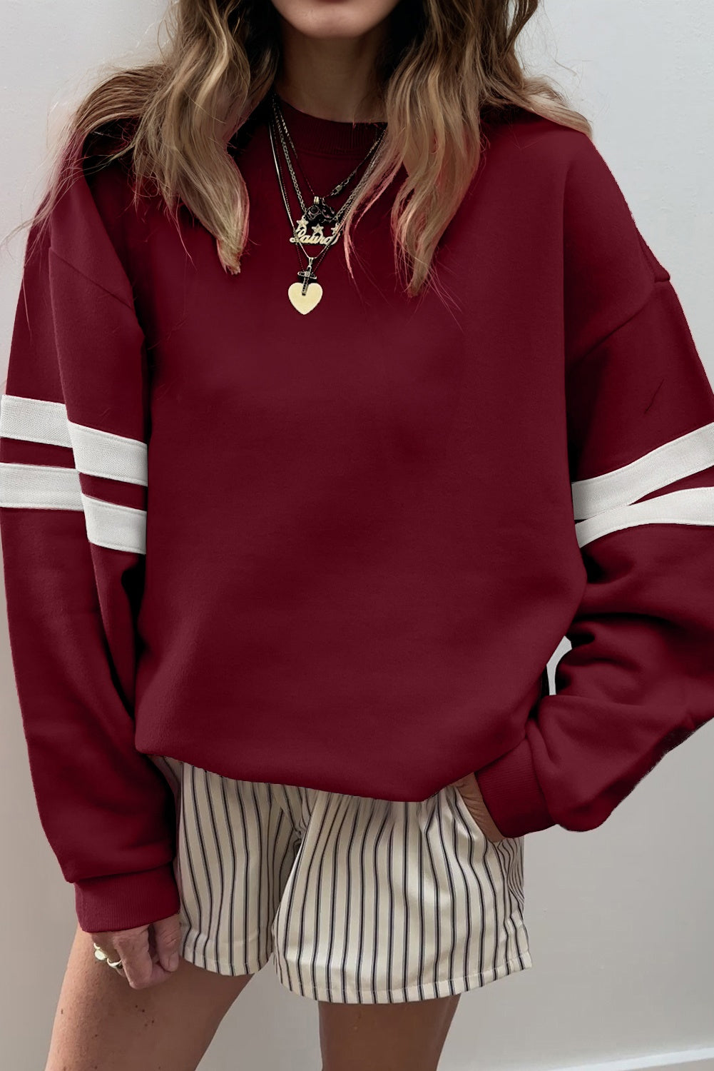 Evergreen Preppy Striped Sleeve Loose Sweatshirt