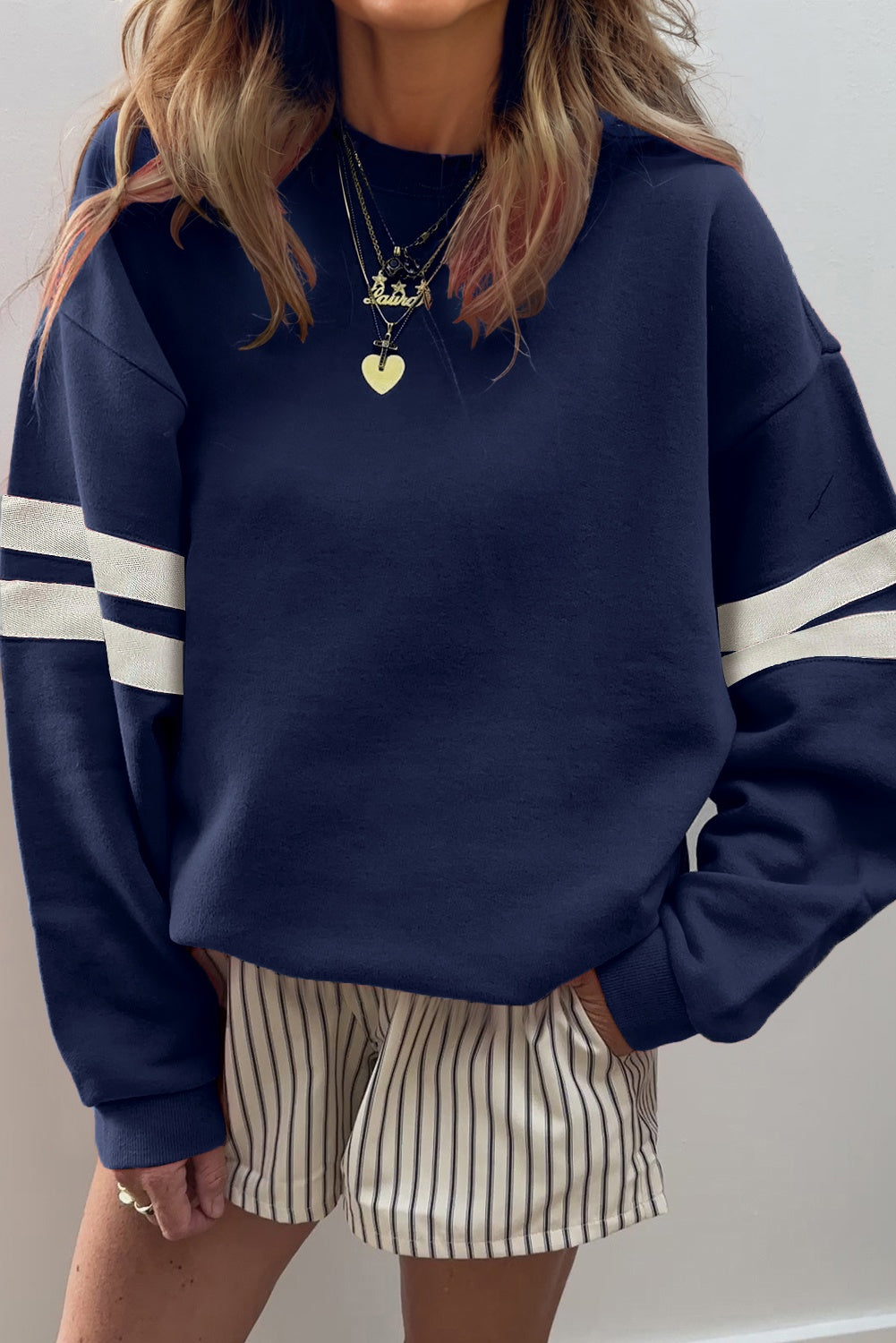 Evergreen Preppy Striped Sleeve Loose Sweatshirt