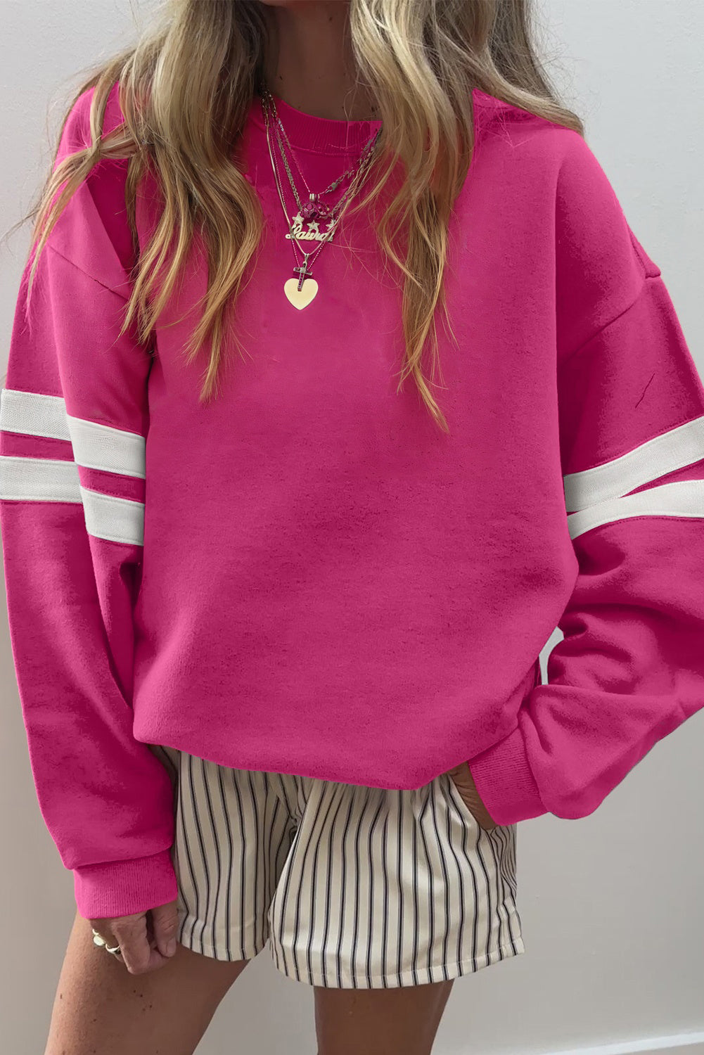Evergreen Preppy Striped Sleeve Loose Sweatshirt