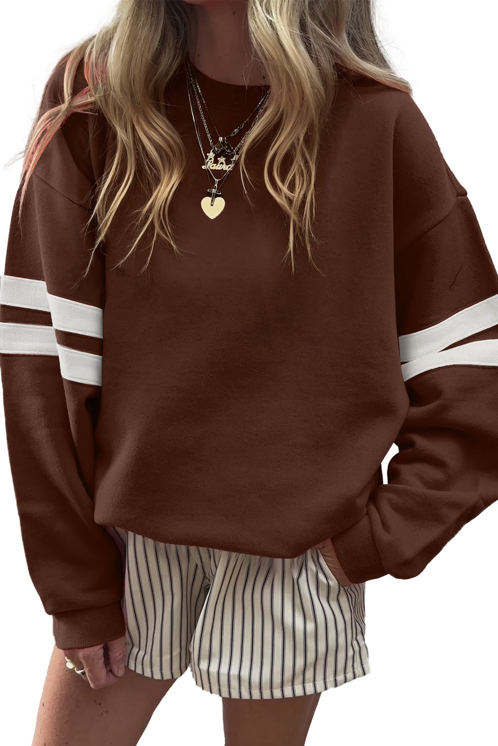 Evergreen Preppy Striped Sleeve Loose Sweatshirt