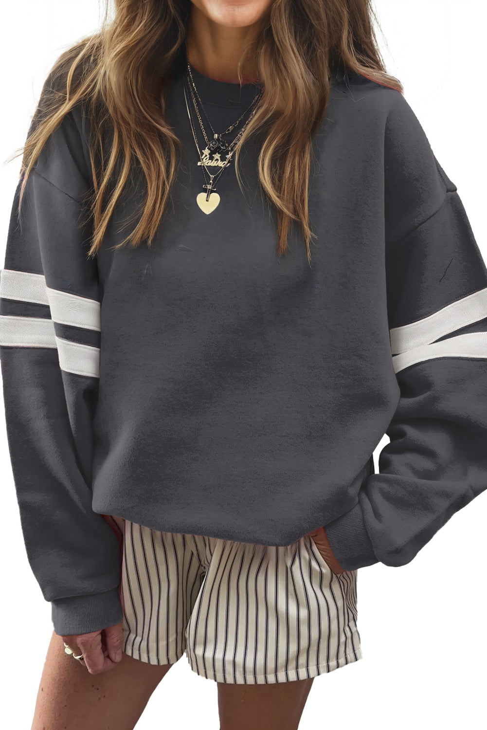 Evergreen Preppy Striped Sleeve Loose Sweatshirt